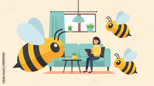 Three cartoon bees swarm around a woman sitting on a couch