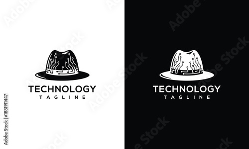 A futuristic logo featuring a hat with technology elements on a contrasting background viewed from the front