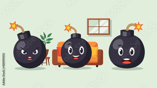 Three cartoon bombs with expressive faces in a room