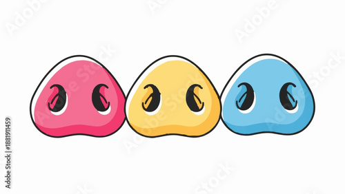 Three cartoon noses, pink, yellow, and blue, side by side with black outlines