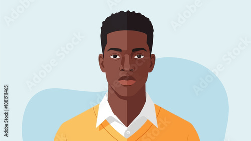 Stylized portrait of a young man with dark skin and hair, wearing a collar shirt