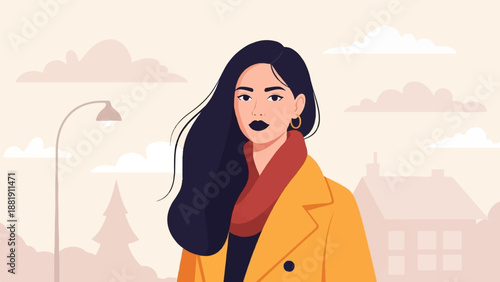 Stylized portrait of a woman with dark hair, wearing a yellow coat and red scarf