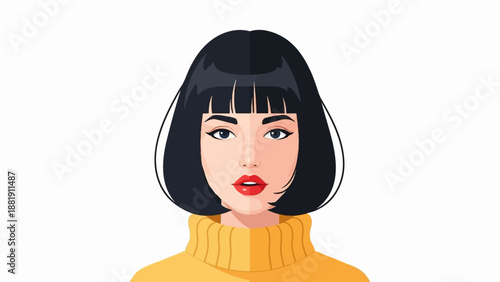 Stylized portrait of a woman with black bob hair and red lips, wearing a yellow turtleneck