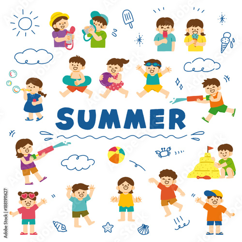 夏 子ども イラスト セット 夏休み 海 遊び