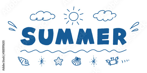夏 手描き 文字 イラスト 夏休み アイコン 太陽 雲 貝殻 カニ