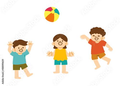 海 砂浜 子ども ビーチボール 遊ぶ イラスト
