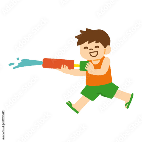 夏休み 水鉄砲で遊ぶ男の子 イラスト