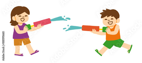 夏休み 水鉄砲で遊ぶ男の子と女の子 イラスト