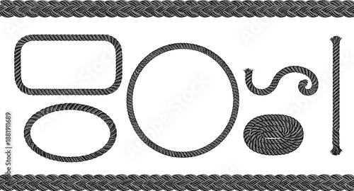 Decorative Rope Frame and Border Set Vector Illustration Isolated on White Background for Nautical, Vintage, and Design Elements