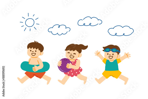 子ども 海水浴 水着 太陽 雲 イラスト