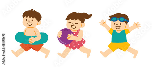 海 子ども 3人組 浮き輪 ビーチボール 水着 イラスト