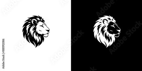 Black and white lion head illustrations on contrasting backgrounds.