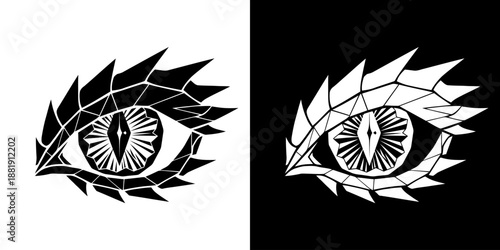 Black and white illustrations of an eye with leaves, on contrasting backgrounds.