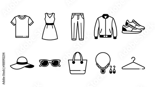 Fashion icons set. Linear clothing symbols. T-shirt dress pants jacket sneakers hat sunglasses handbag jewelry hanger. Retail shop signs. Wardrobe garments. Boutique accessories.