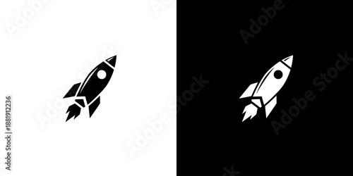 Black and white rocket ship icons on contrasting backgrounds