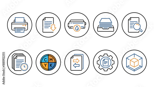 Printing icons set. Linear vector symbols. Printer hardware ink cartridge paper tray preview queue CMYK color wheel settings gear. Office technology signs. Digital publishing. App.