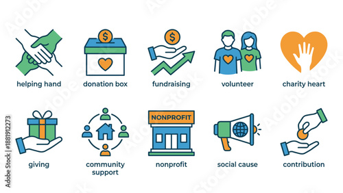 Charity and donation icons. Helping hand, donation box, fundraising, volunteer, charity heart, community, nonprofit, social cause. Philanthropy, humanitarian aid, welfare symbols.