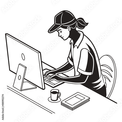 Woman sitting at desk working on laptop computer with monitor and coffee