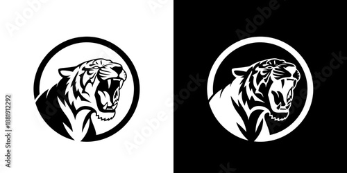 Black and white tiger head logos on contrasting backgrounds.