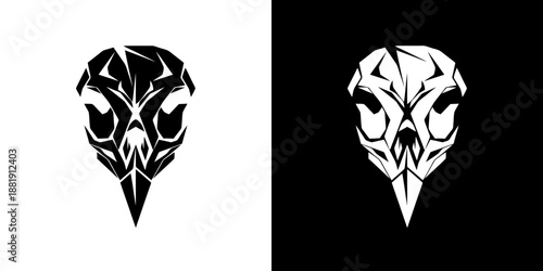 Black and white tribal-style mask illustrations on contrasting backgrounds.
