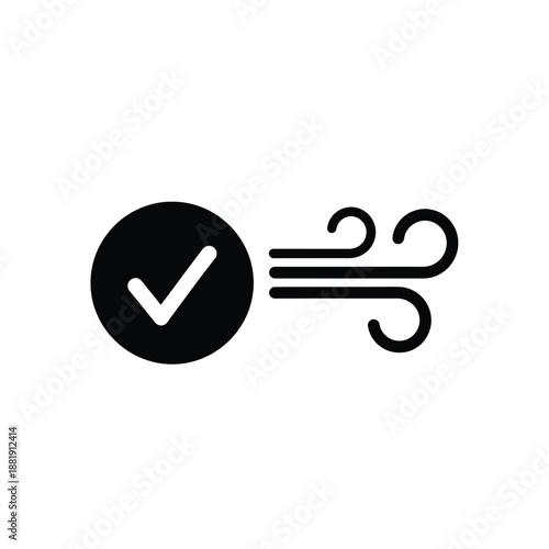 Vector illustration icon black vector icon of a checkmark in a circle with a blowing wind symbol