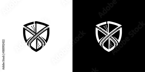 Black and white shield logo with intersecting lines on gray and black backgrounds