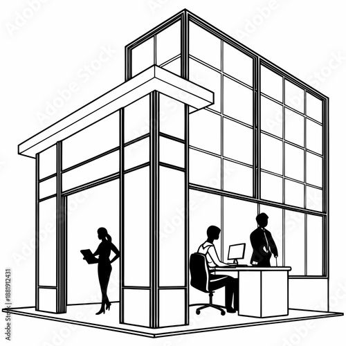 Office workers in a modern glass walled cubicle space with