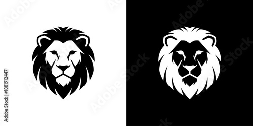 A graphic design featuring two lion head silhouettes with contrasting black and white