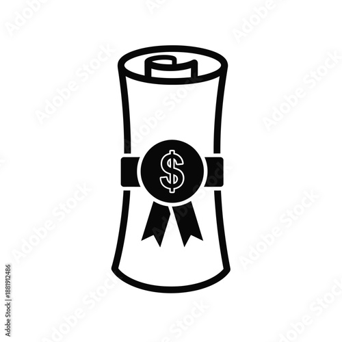 Vector illustration icon a black and white illustration of a rolled up money with a dollar sign on a ribbon around it