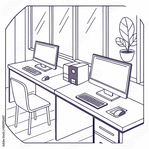 Two computer workstations with monitors and keyboards in office setting