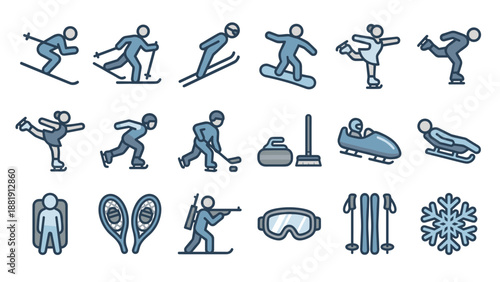 Winter sports icons. Skiing snowboarding and ice skating vector symbols. Cold weather recreation athletic competition signs. Snow activity and championship equipment pictograms set.