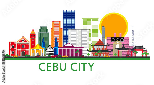 illustration Cebu City skyline historic buildings city landscape urban architecture
