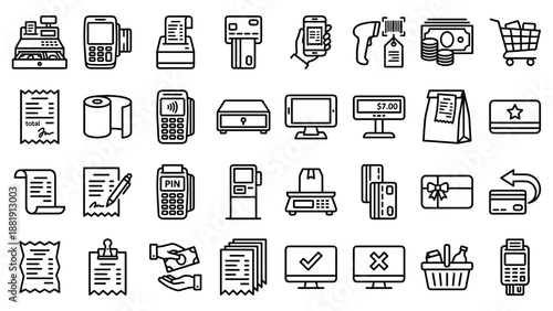 Point of sale icons. POS system vector set. Retail checkout technology. Payment terminal symbols. Business commerce receipts. Money invoice. Credit card machine. Shop bill. Line style.