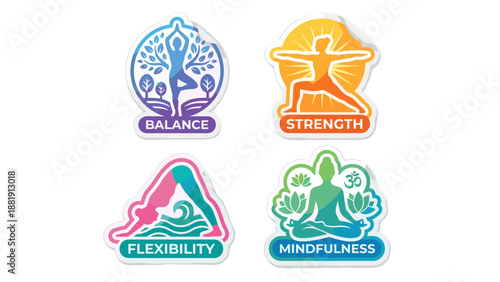 Colorful yoga pose stickers set. Vibrant fitness silhouette icons collection. Mindfulness health badges. Meditation workout labels. Tree pose warrior lotus asana vector design.