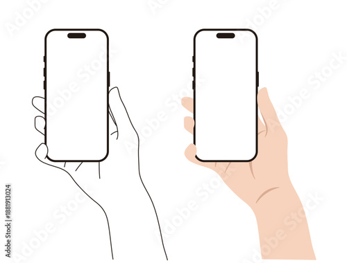 Vector illustration of a hand holding a smartphone with a blank white screen. Includes both line art and colored versions. Perfect for mobile app mockups, UI, UX presentations, and tech ads.