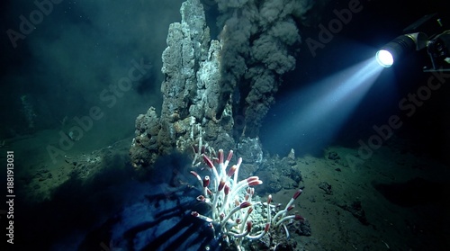 Submersible spotlight illuminating black smokers and hydrothermal vents on the deep ocean floor.