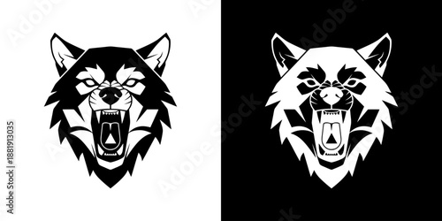 Illustrations of two wolf heads in black and white on contrasting backgrounds.