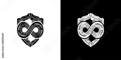 Two infinity symbols in shield icons on white and black backgrounds