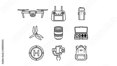 Drone photography equipment icons. Line art vector. Aerial filming gear. Quadcopter parts. Remote controller. UAV technology. Camera lens. Propeller. Gimbal. Landing pad. Backpack.
