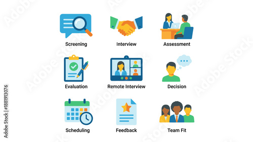 Human resources icon set. Recruitment hiring process vector. Job interview, screening, evaluation. HR management flat colorful icons. Business employment staffing symbols workforce.