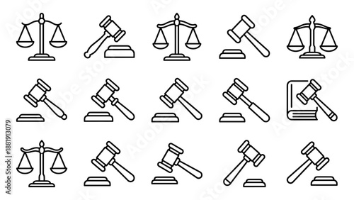 Law and justice vector icon set. Outline legal symbols. Court gavel and scales of justice. Line art for lawyer, attorney and judge. Judgment concepts. Authority, crime and punishment.