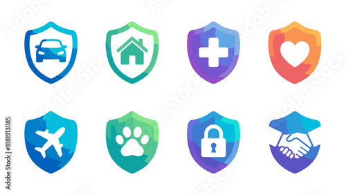 Insurance shield icons set. Modern gradient protection symbols. Car home medical health life travel pet security business policy. Safety coverage concept. Vector collection element.