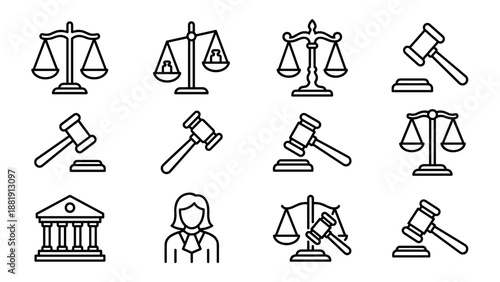 Legal law justice icon set. Vector outline symbols. Scales of justice judge gavel hammer. Courtroom concept. Lawyer signs. Minimal line art. Balance verdict. Crime punishment. Jury trial