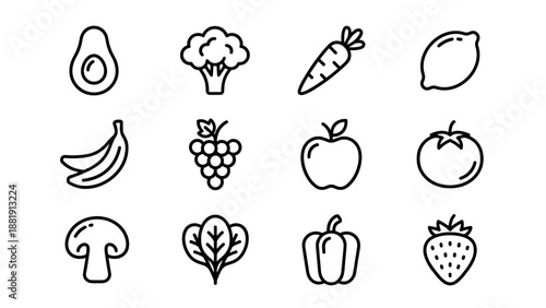 Healthy fruit and vegetable icons. Minimalist line art vector set. Organic food symbols. Farm fresh produce. Vegan diet ingredients. Apple carrot grape lemon. Outline graphics.