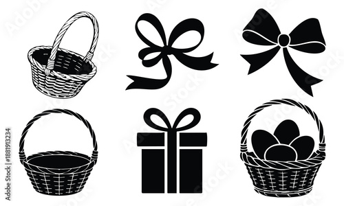 Bundle easter silhouette basket gift box bow candy egg icons