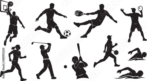 Silhouettes of athletes playing various sports in action poses