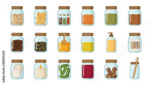 Zero waste glass jars icons set. Sustainable lifestyle eco friendly food storage. Kitchen pantry organization. Bathroom essentials. Reusable packaging concept. Flat vector design