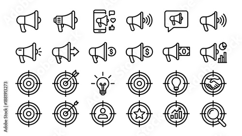 Marketing icon set. Minimalist line art megaphone and target symbols. Business strategy, advertising, promotion. Bullhorn, dartboard, goal, success, digital sales, communication vector.