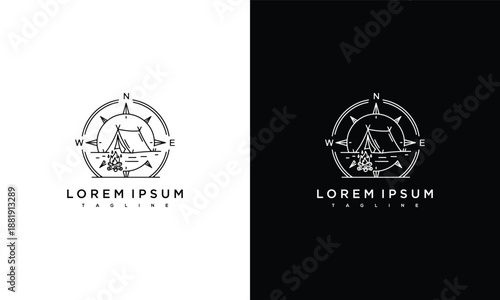 A tent and compass logo design on a split white and black background viewed from directly above with placeholder text