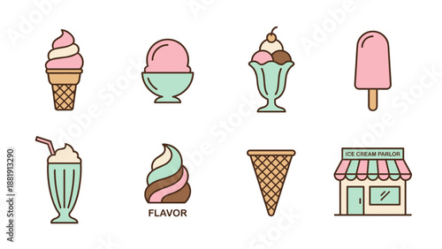 Ice cream shop icons set. Sweet summer dessert collection. Vector frozen food symbols. Cone scoop sundae popsicle milkshake. Flat line art dairy treats. Parlor store. Menu branding.